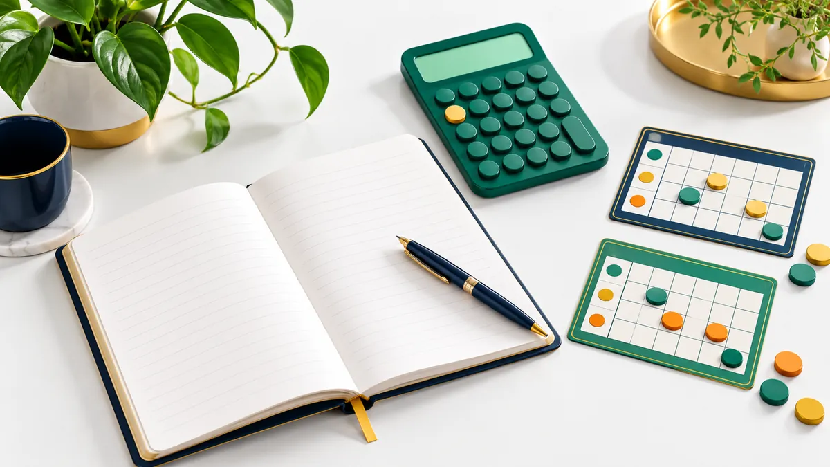 A desk with an open notebook, a pen, a green calculator and two score cards